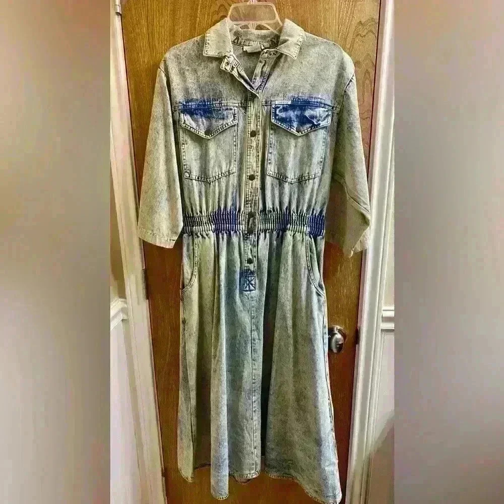 Vintage Dreams Acid Wash Long Denim Maxi Dress With Elastic Waist & Buttons Sz M